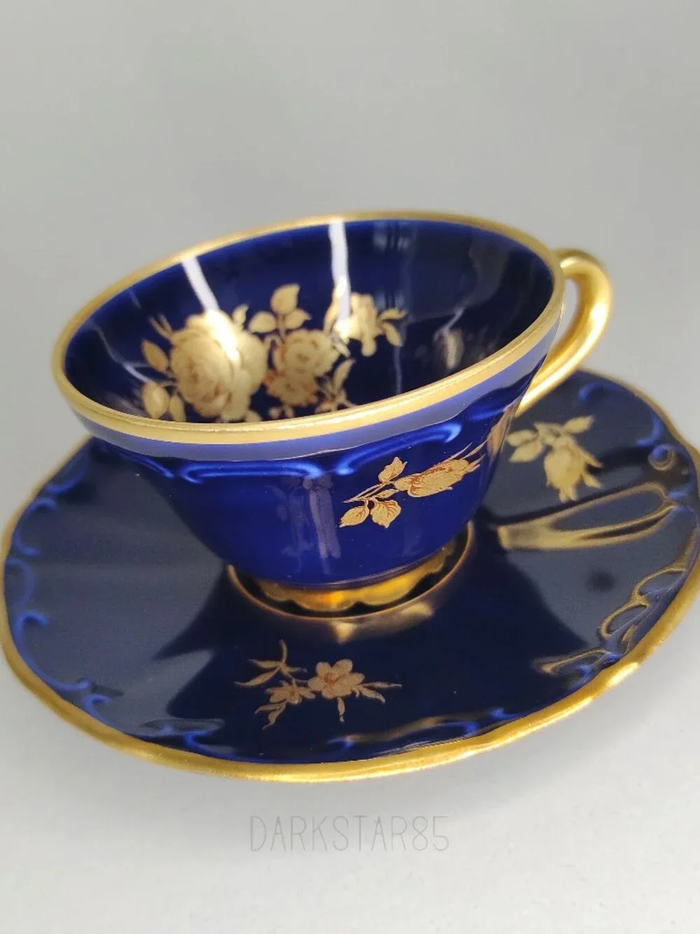Vintage Bareuther & Co. Waldassen Bavaria Echt Cobalt Floral Teacup and Saucer